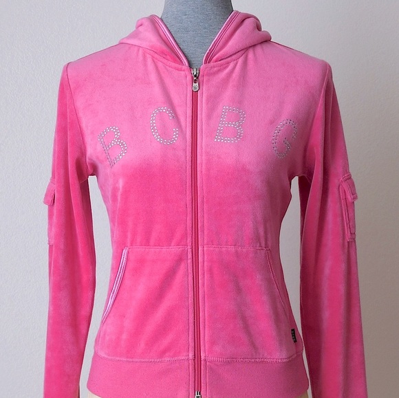 BCBGMaxAzria Tops - BCBGMaxAzria Pink Velour Logo Hoodie Size Small